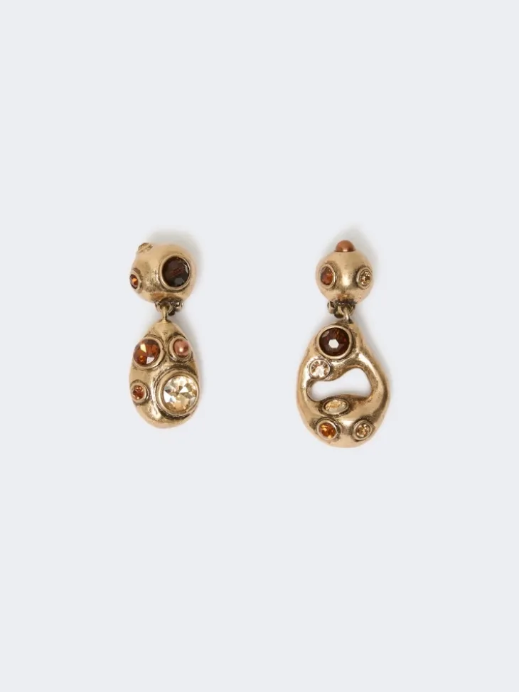 Bead and rhinestone pendant earrings - GOLD