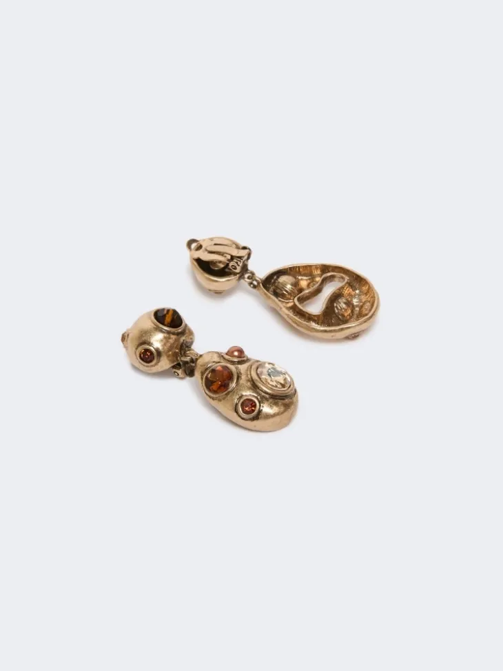 Bead and rhinestone pendant earrings - GOLD