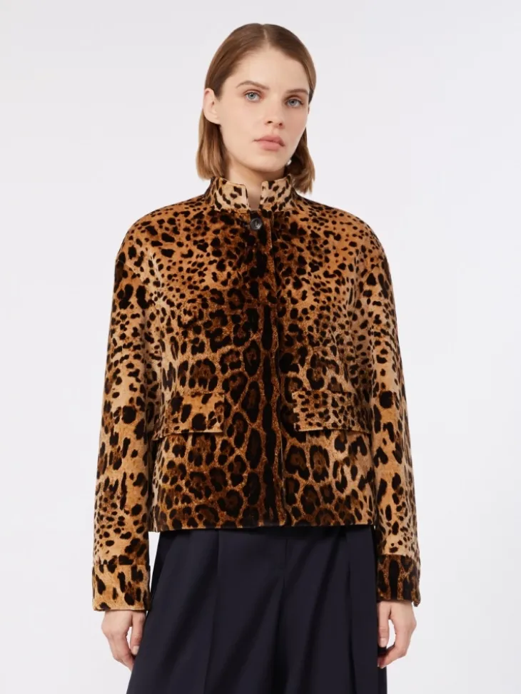 Boxy jacket in smooth printed velvet - BROWN