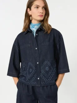 Boxy shirt in laser-treated cotton denim - NAVY