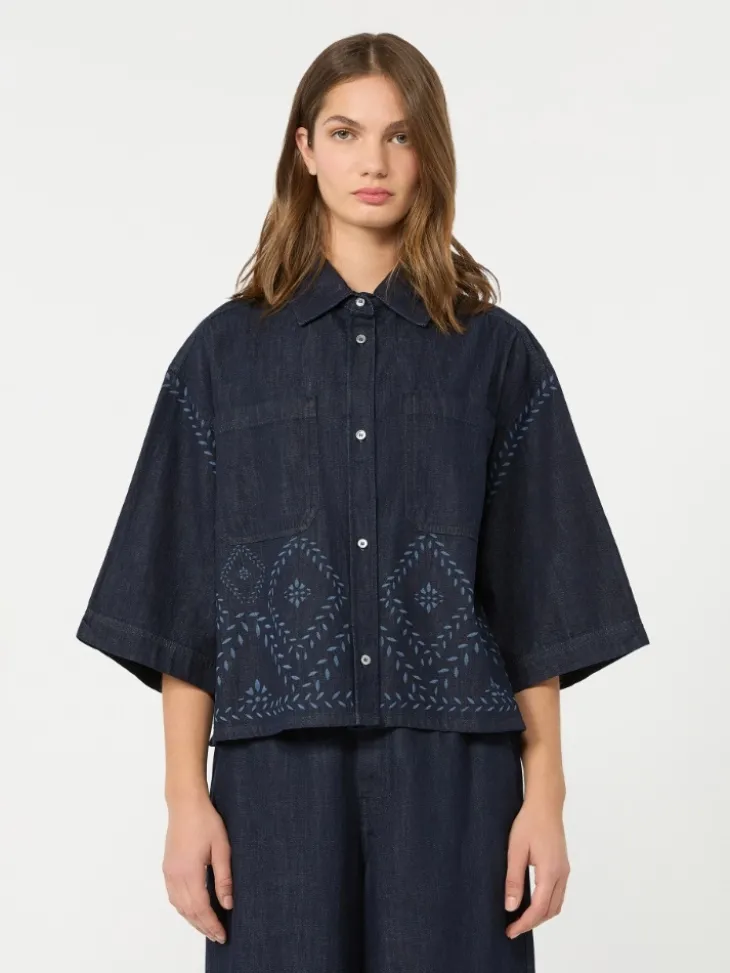 Boxy shirt in laser-treated cotton denim - NAVY
