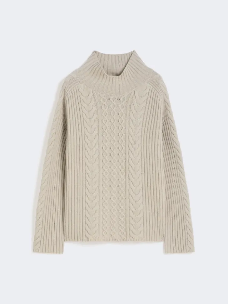 Cable-knit wool and cashmere polo-neck sweater - WHITE