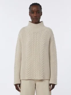 Cable-knit wool and cashmere polo-neck sweater - WHITE