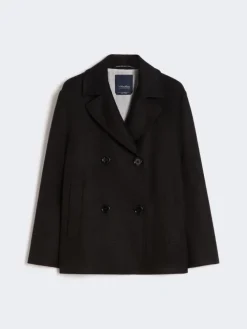 Cotton and linen basketweave pea coat - BLACK