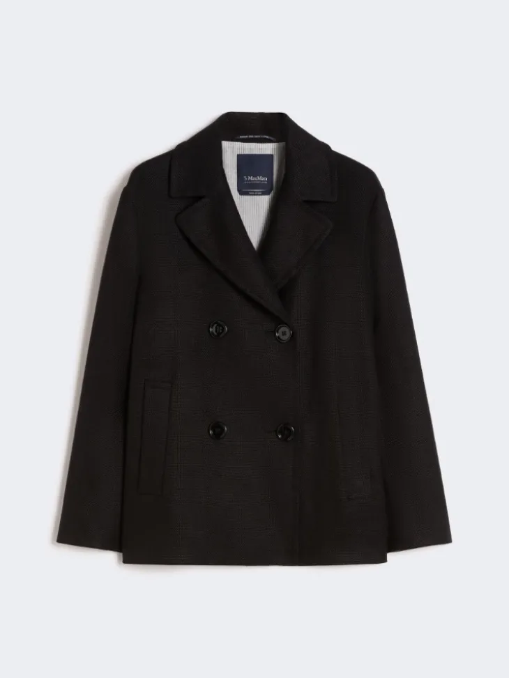Cotton and linen basketweave pea coat - BLACK