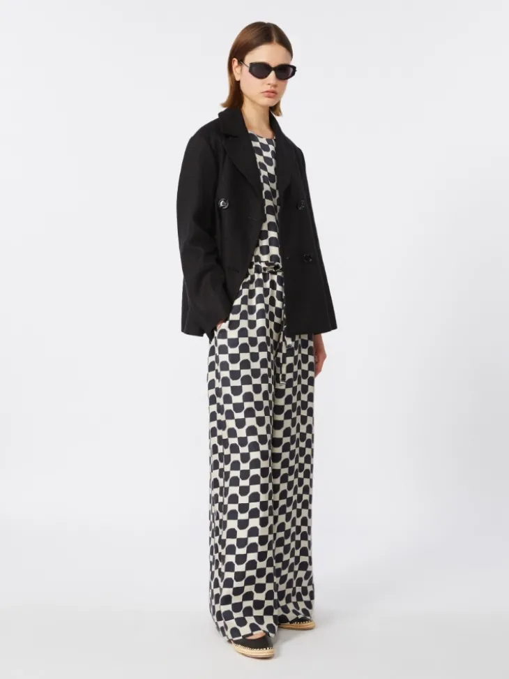 Cotton and linen basketweave pea coat - BLACK