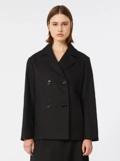 Cotton and linen basketweave pea coat - BLACK