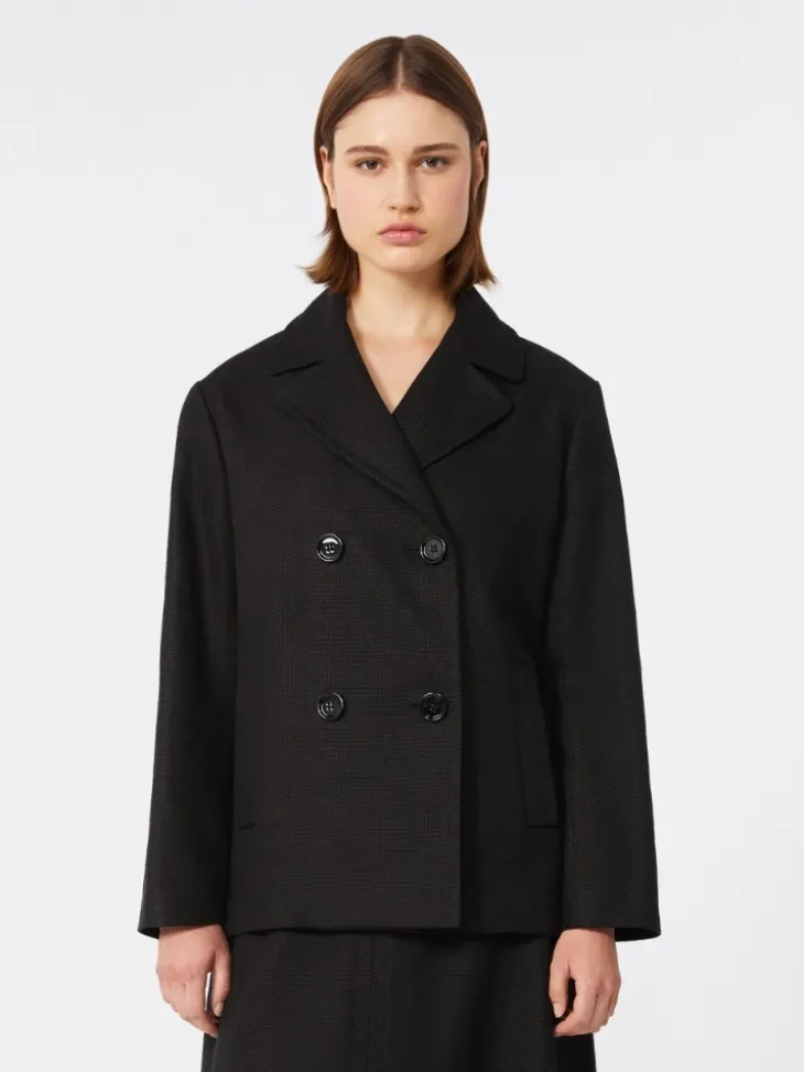 Cotton and linen basketweave pea coat - BLACK