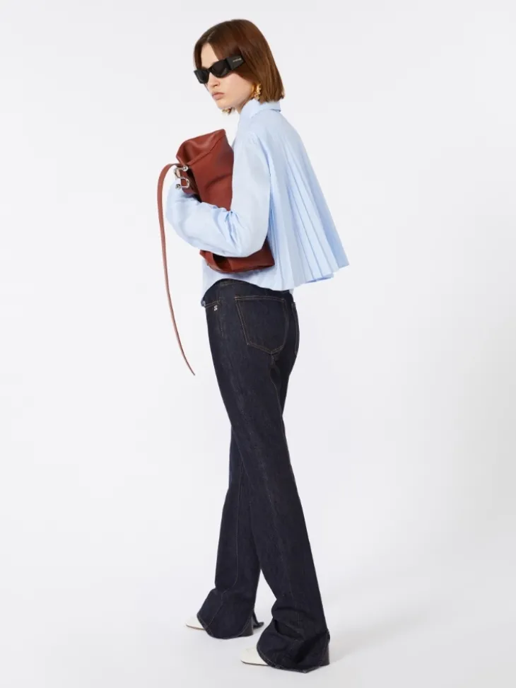 Cotton cropped shirt with pleated back - LIGHT BLUE