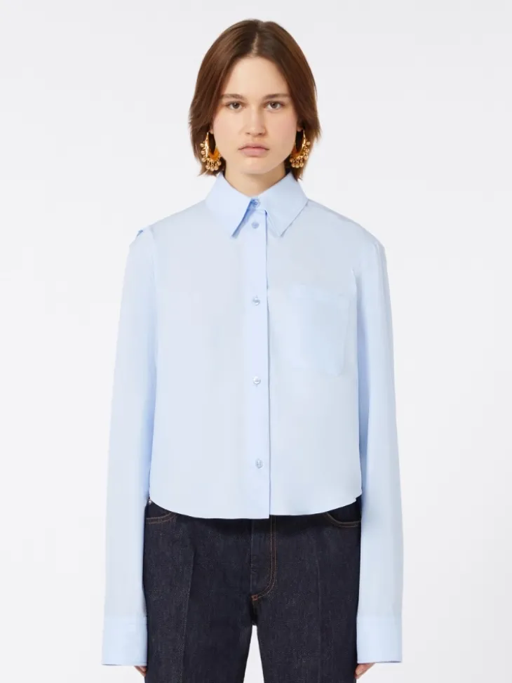 Cotton cropped shirt with pleated back - LIGHT BLUE
