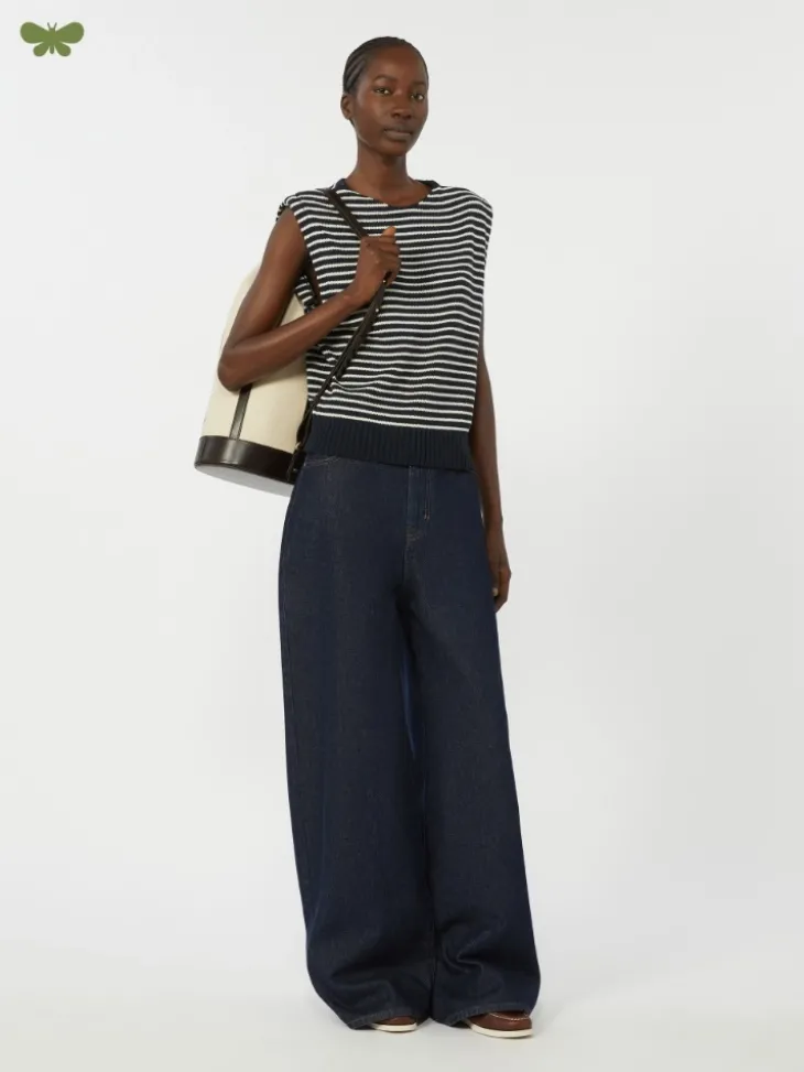 Cotton denim wide-leg jeans - NAVY