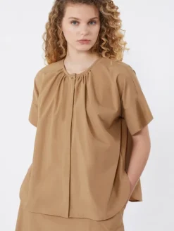 Cotton poplin crew-neck shirt - TOBACCO