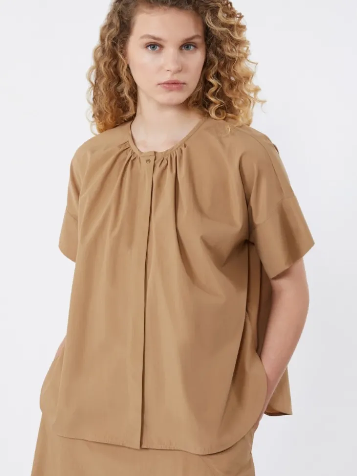 Cotton poplin crew-neck shirt - TOBACCO