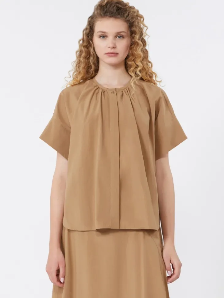 Cotton poplin crew-neck shirt - TOBACCO