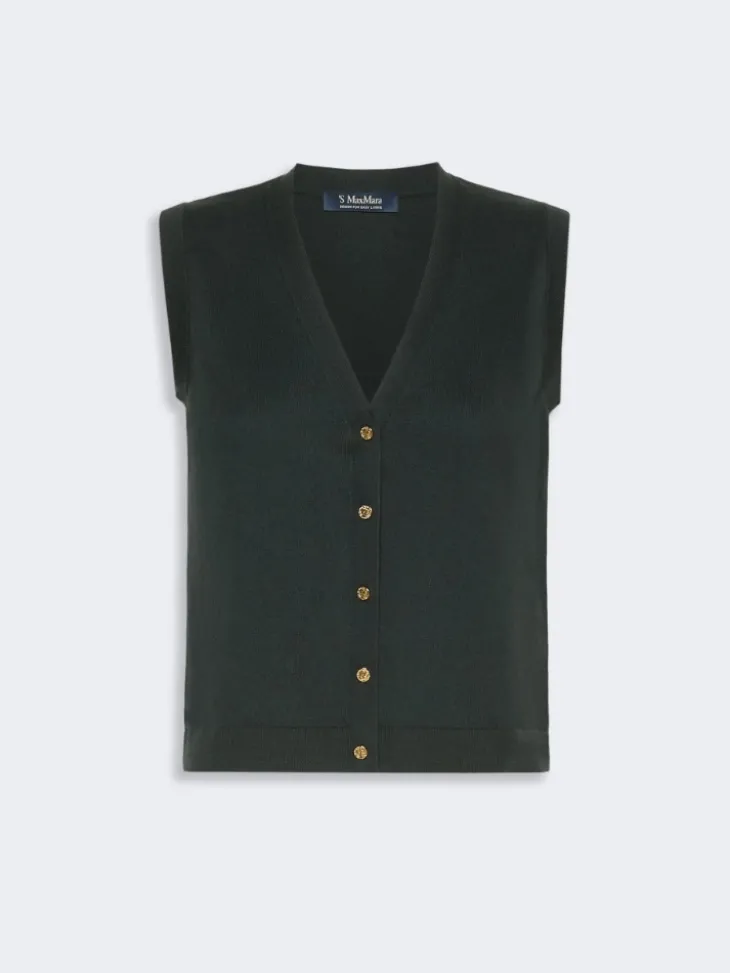 Cotton, silk and cashmere yarn gilet - DARK GREEN