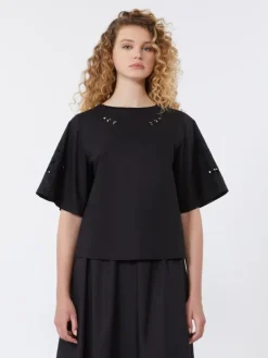 Cotton-poplin top with embroideries - BLACK