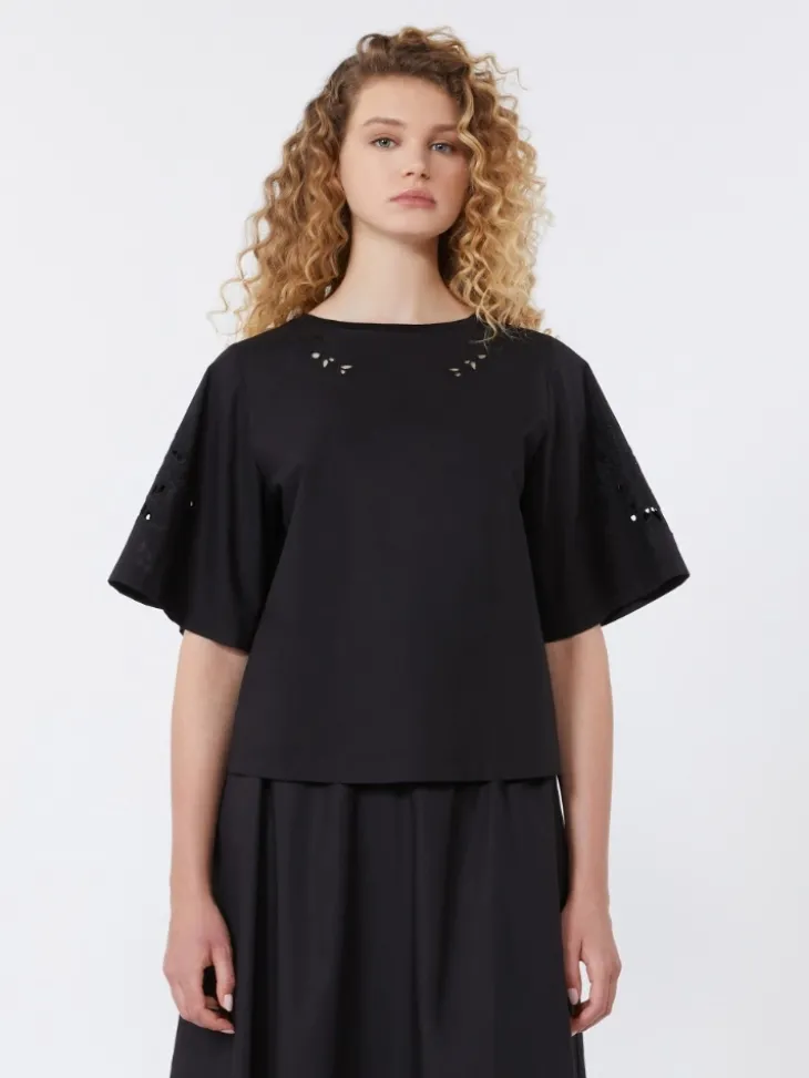 Cotton-poplin top with embroideries - BLACK