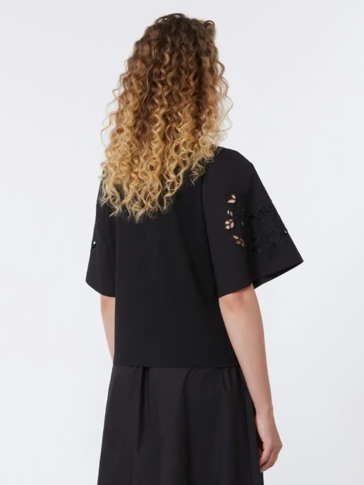 Cotton-poplin top with embroideries - BLACK