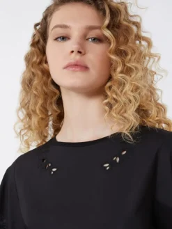 Cotton-poplin top with embroideries - BLACK