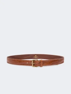 Croc print leather belt - TOBACCO