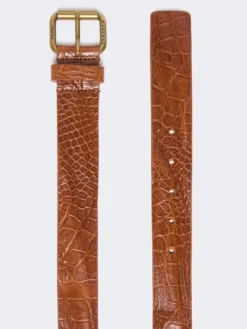 Croc print leather belt - TOBACCO