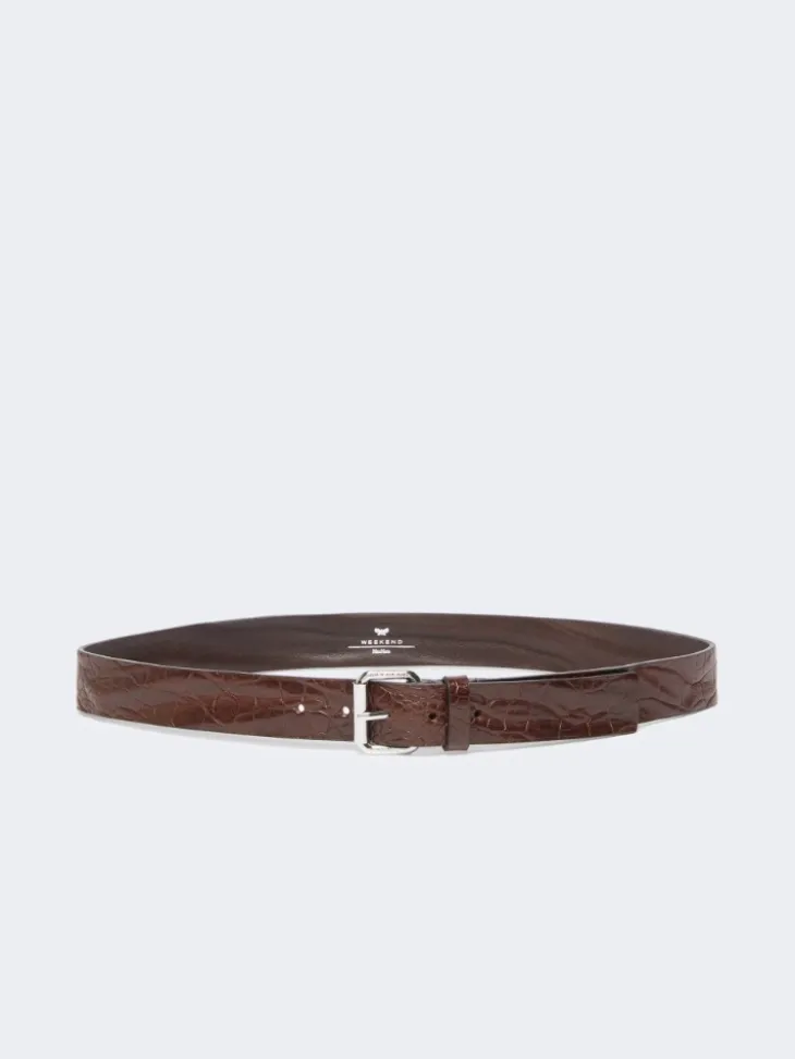 Croc print leather belt - BROWN