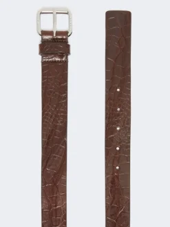 Croc print leather belt - BROWN