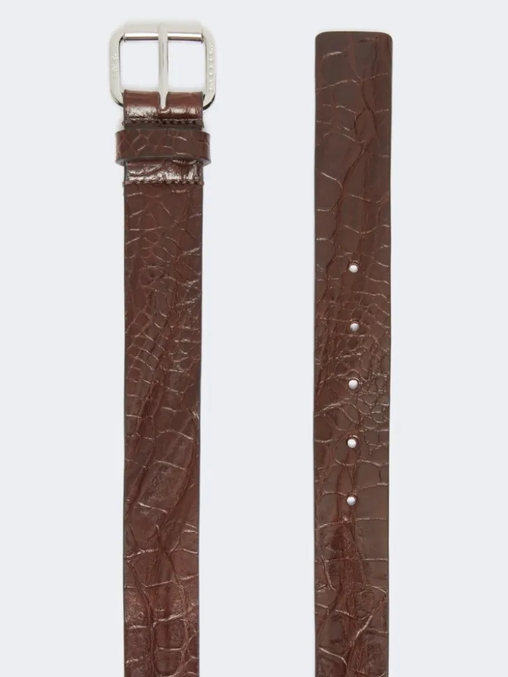 Croc print leather belt - BROWN