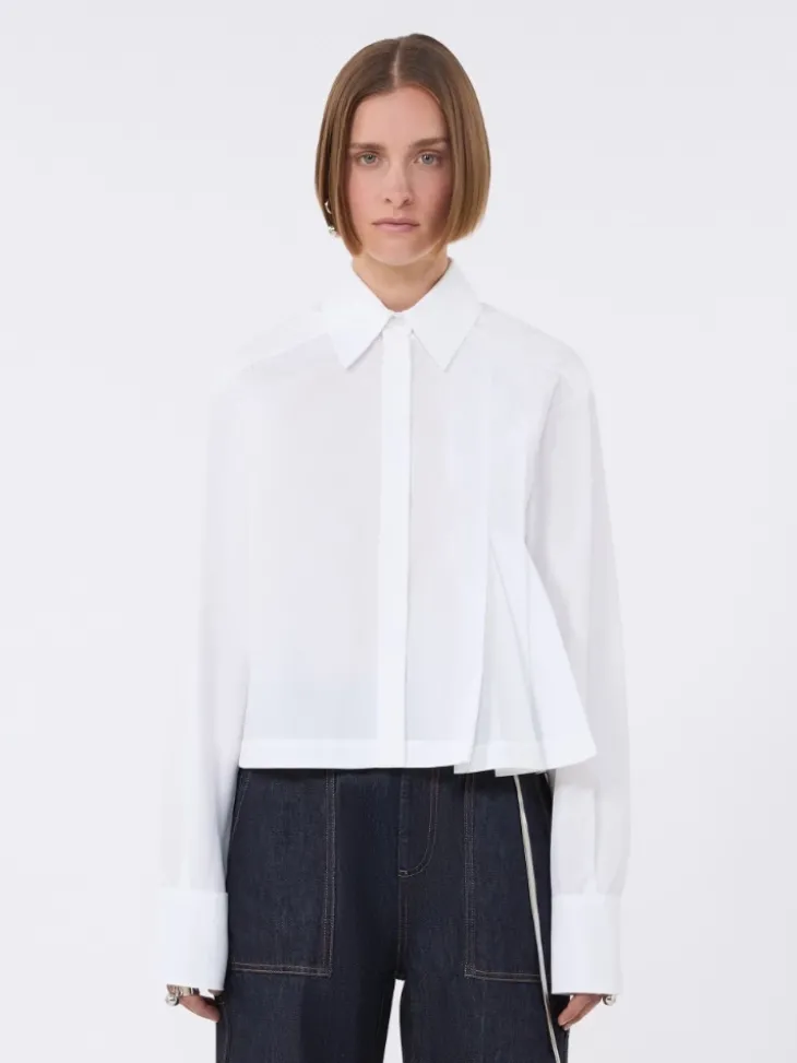 Cropped poplin shirt with asymmetrical pleats - OPTICAL WHITE