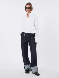 Cropped poplin shirt with asymmetrical pleats - OPTICAL WHITE