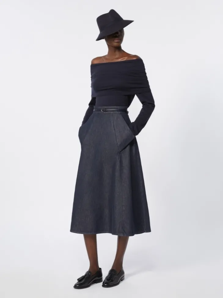 Denim-look cotton midi skirt - MIDNIGHTBLUE