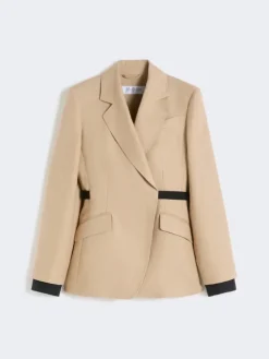 Double-breasted blazer in pure linen natté - CAMEL