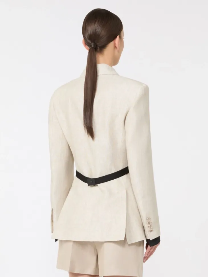 Double-breasted blazer in linen drill - SAND