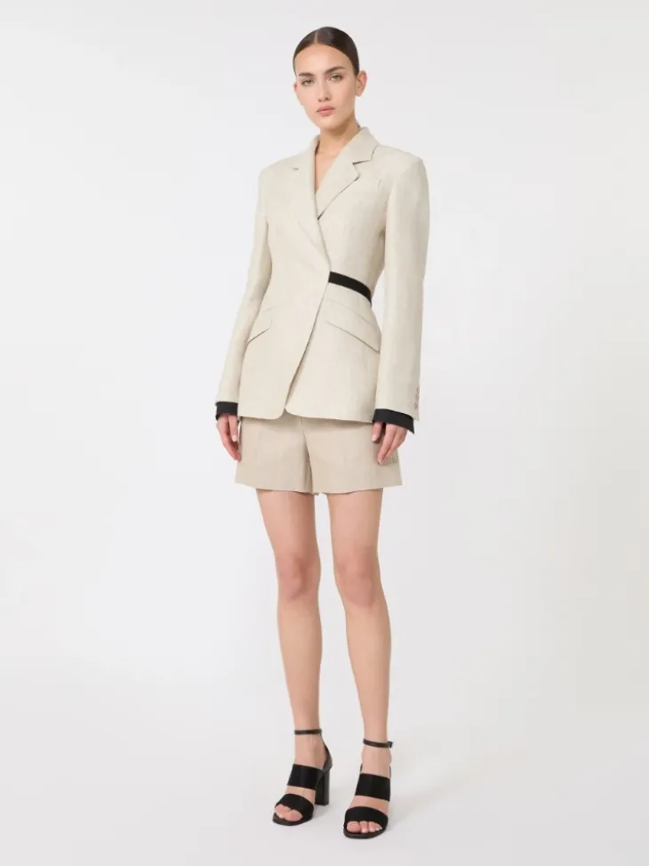 Double-breasted blazer in linen drill - SAND