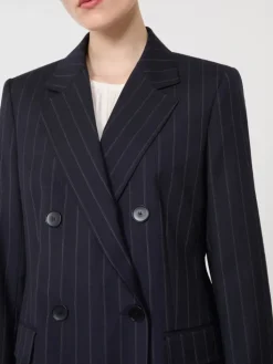 Double-breasted pinstripe wool blazer - NAVY