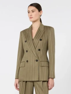 Double-breasted pinstripe jersey blazer - KAKI