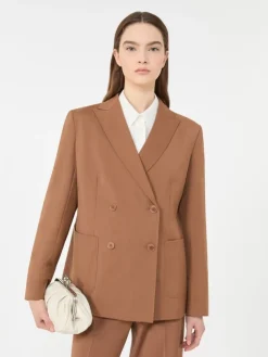 Double-breasted stretch wool blazer - TOBACCO