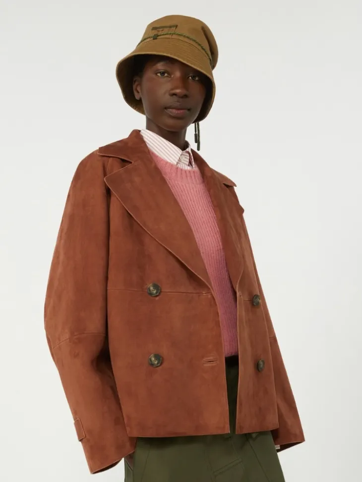 Double-breasted suede jacket - TERRA COTTA
