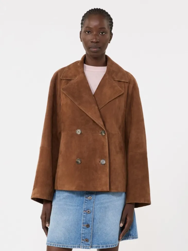 Double-breasted suede jacket - TOBACCO