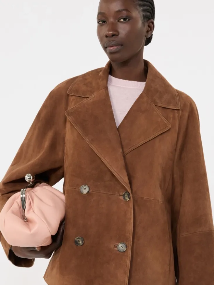 Double-breasted suede jacket - TOBACCO