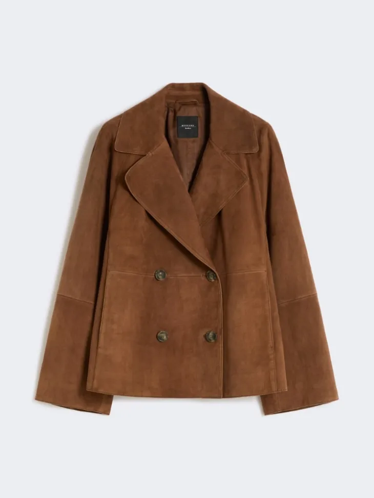 Double-breasted suede jacket - TOBACCO