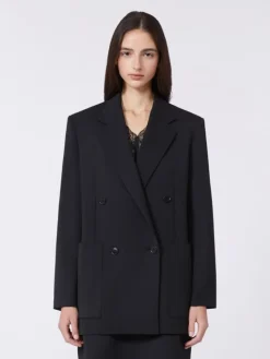 Double-breasted technical wool blazer - BLACK