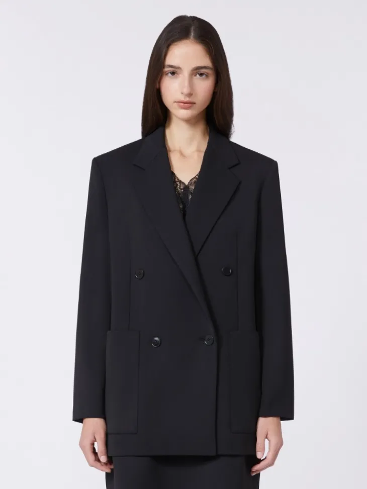 Double-breasted technical wool blazer - BLACK