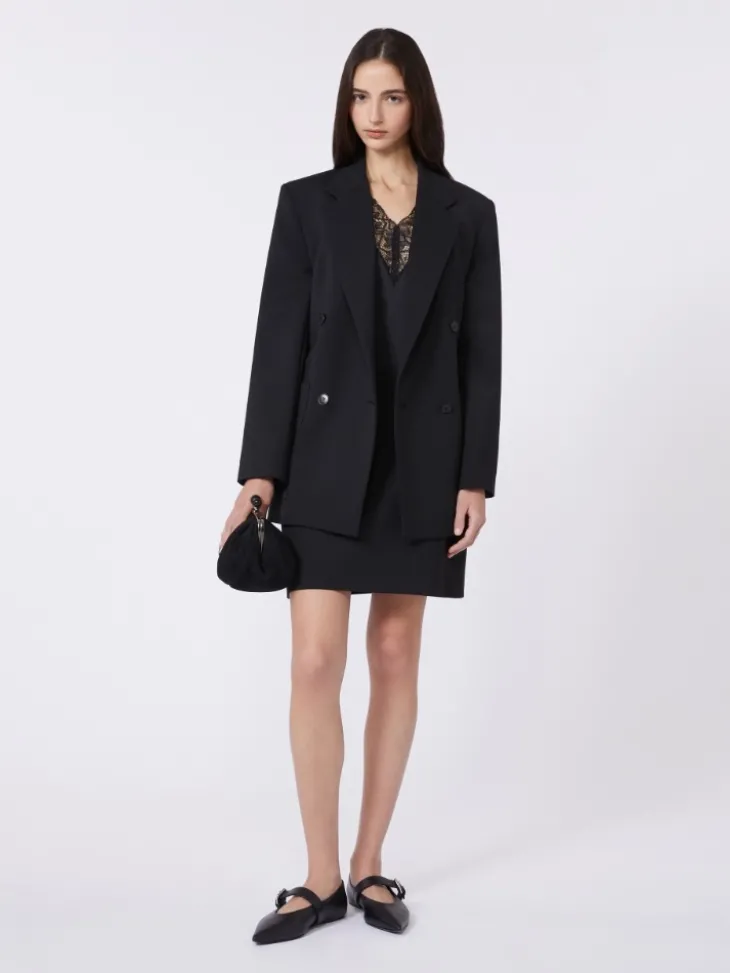 Double-breasted technical wool blazer - BLACK