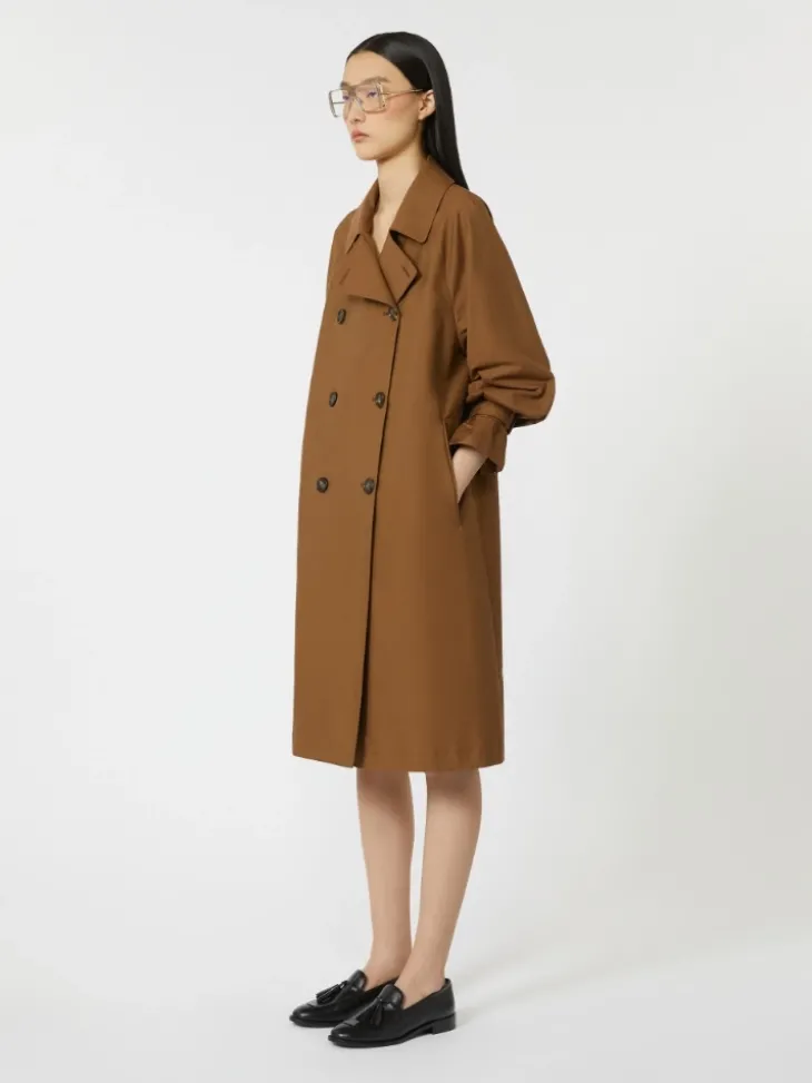 Double-breasted water-repellent twill trench coat - TOBACCO