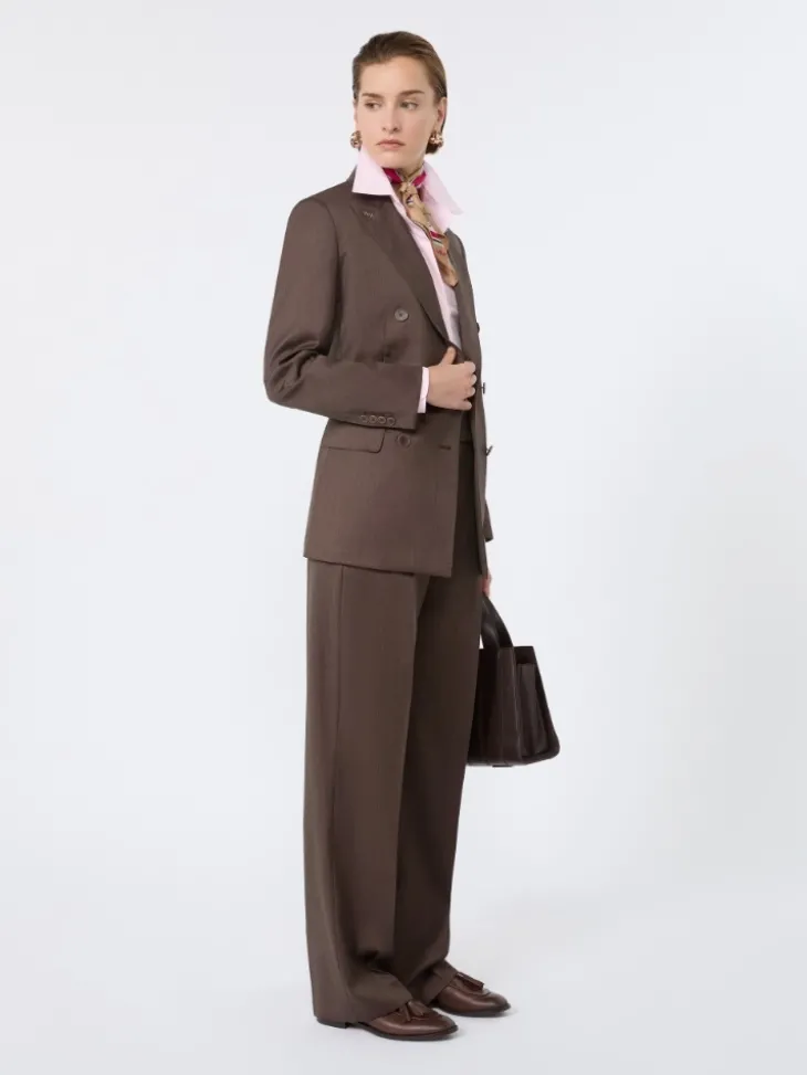 Double-breasted wool and silk blazer - TOBACCO
