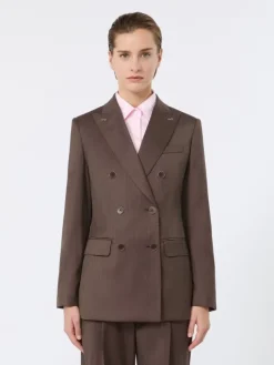 Double-breasted wool and silk blazer - TOBACCO