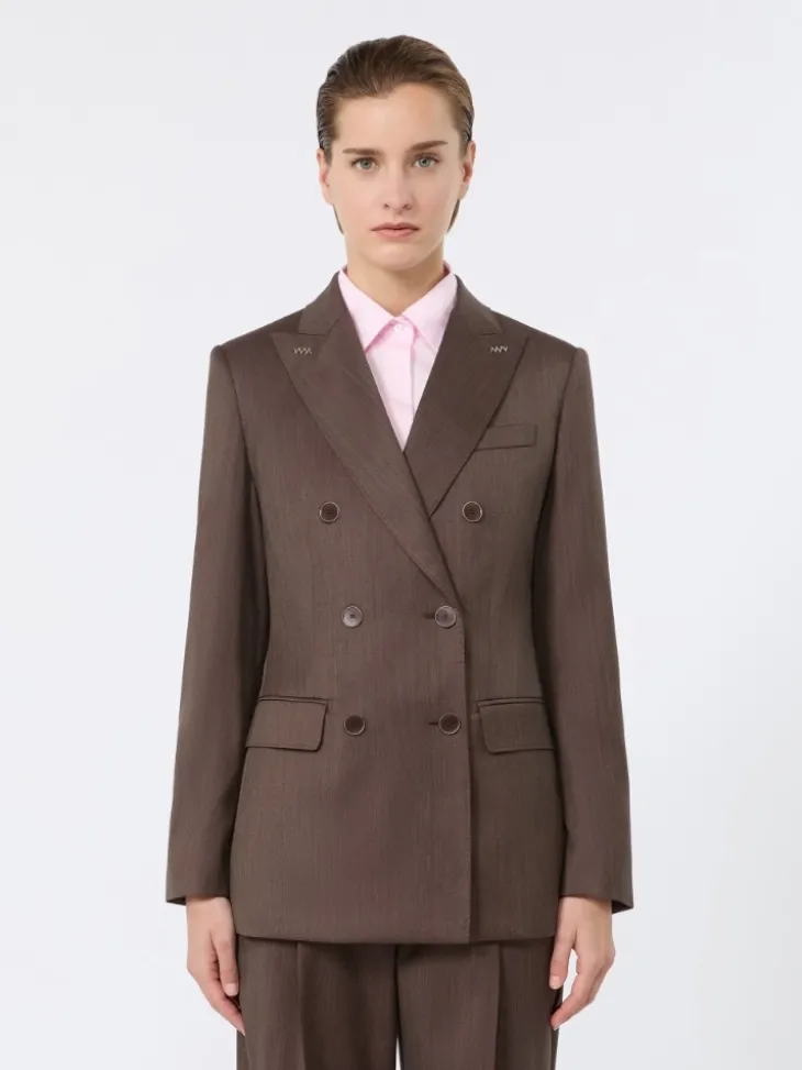 Double-breasted wool and silk blazer - TOBACCO