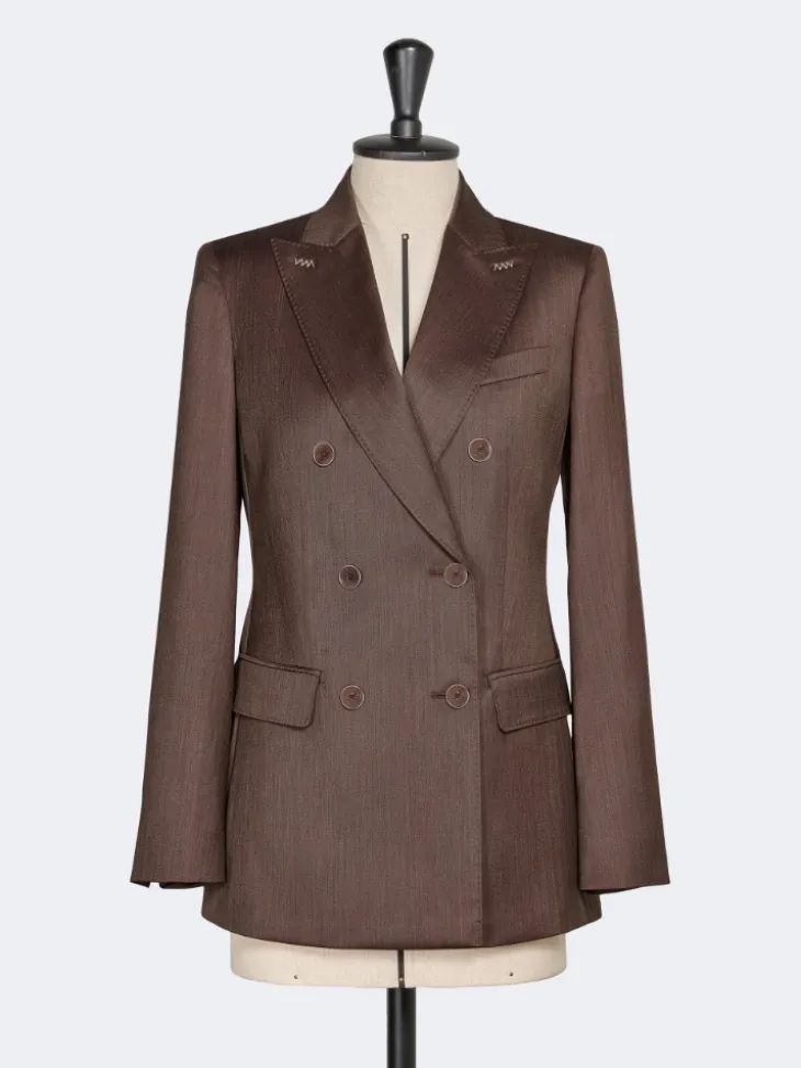 Double-breasted wool and silk blazer - TOBACCO