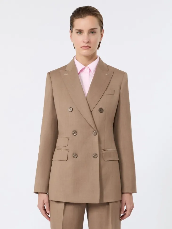 Double-breasted wool twill blazer - HAZELNUT BROWN